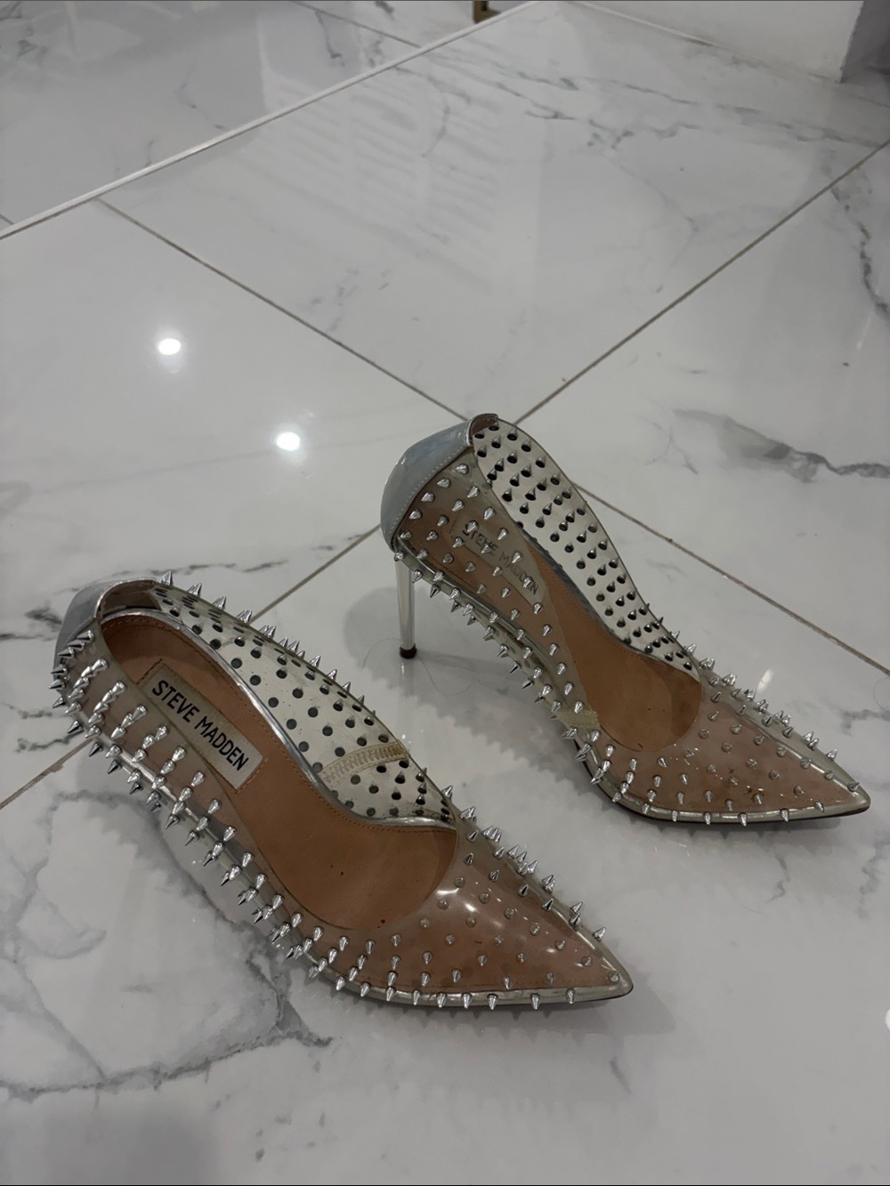 Steve Madden Silver Spike-Embellished Clear Pointed-Toe Stilettos